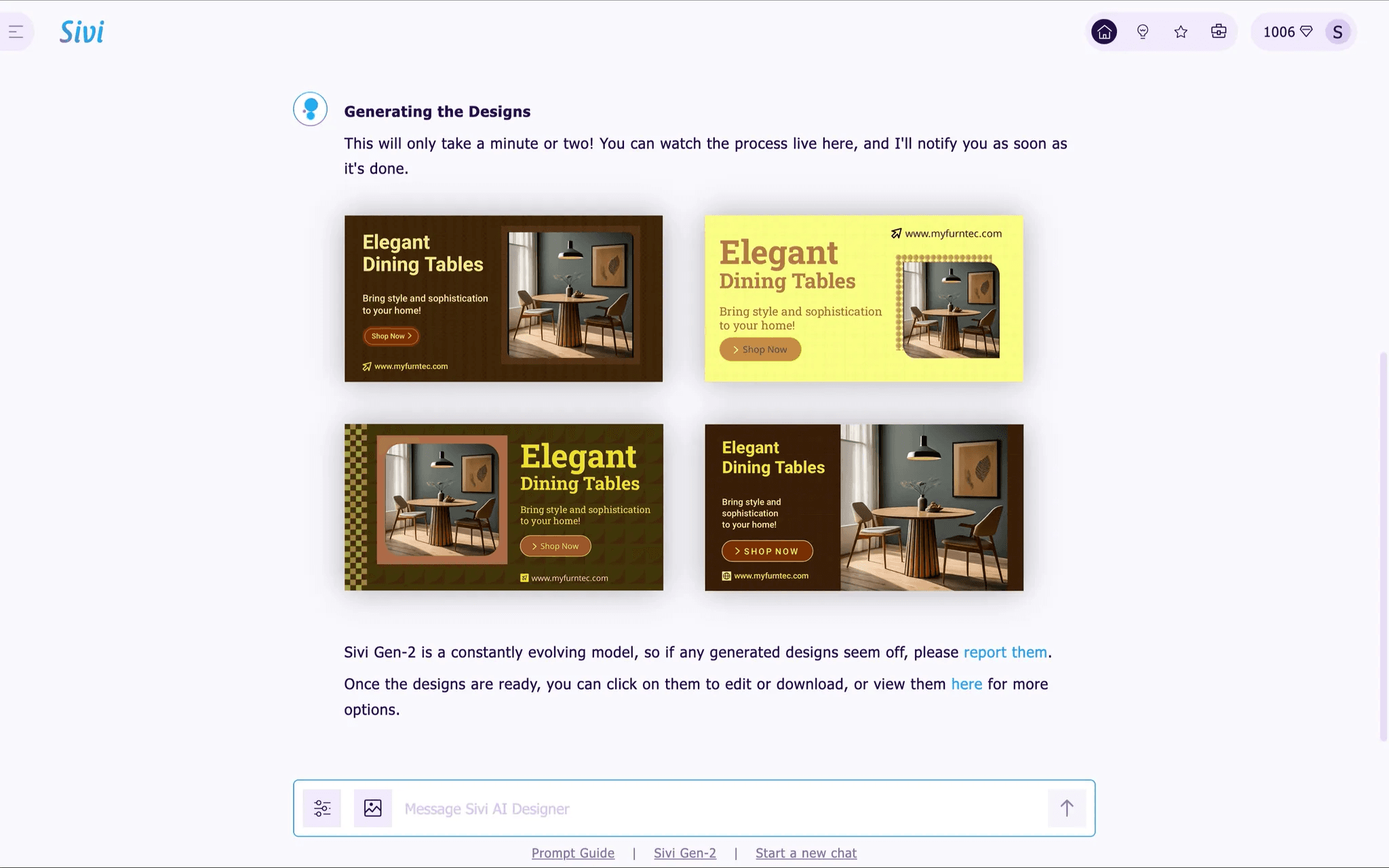 Sivi AI design generator composing a dining table ad from a prompt
