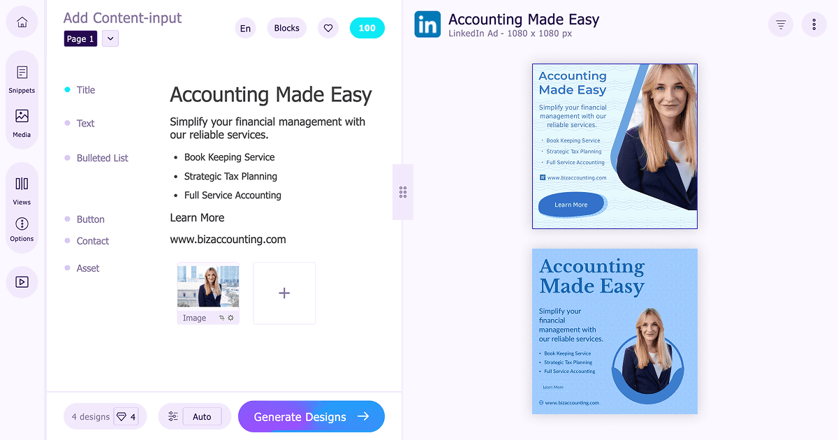 Create custom accounting designs for your content