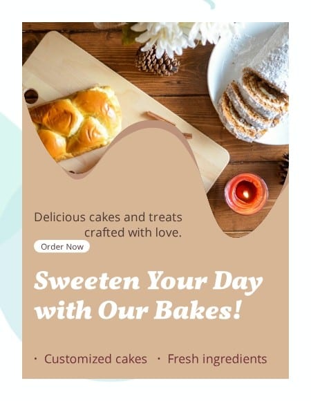 Template free bakery banner with delicious cakes and savouries images generated with Sivi AI