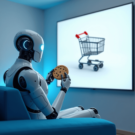 AI robot eating cookie watching a CTV