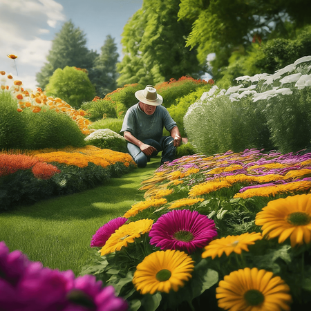 Gardener tending to a lush, blooming flower garden
