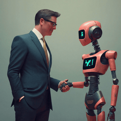 Human and AI robot hand shake