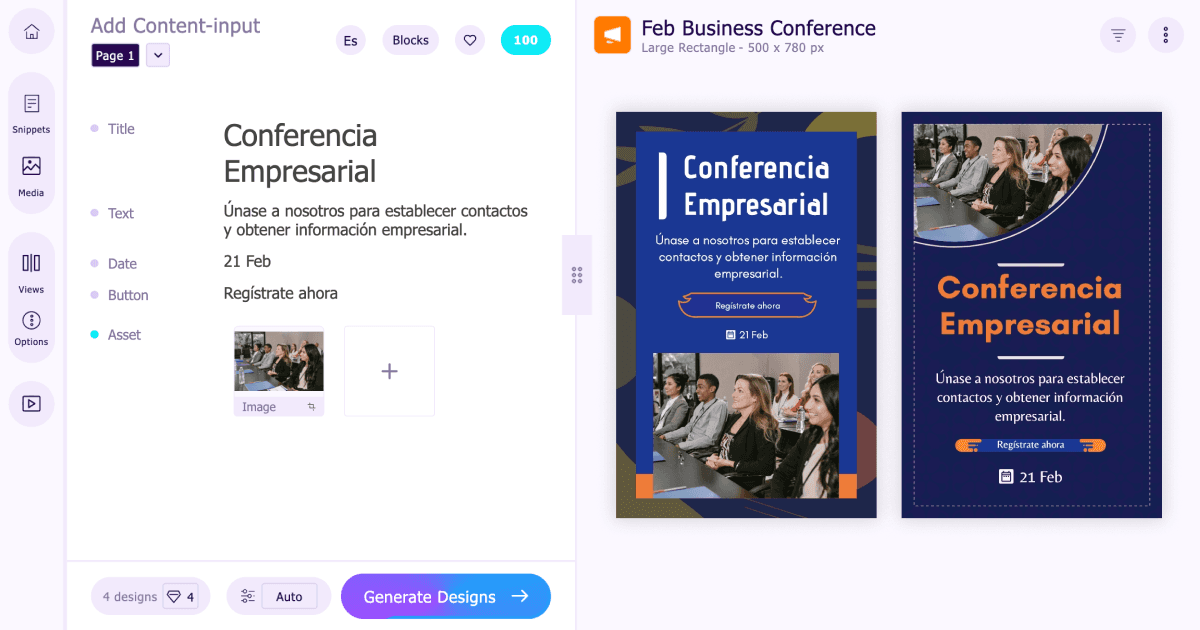 Create conference designs customized for your content in 72+ languages