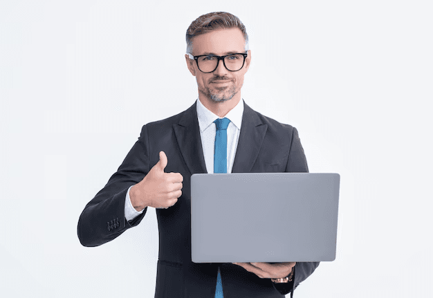 Professional with laptop and thumbs up