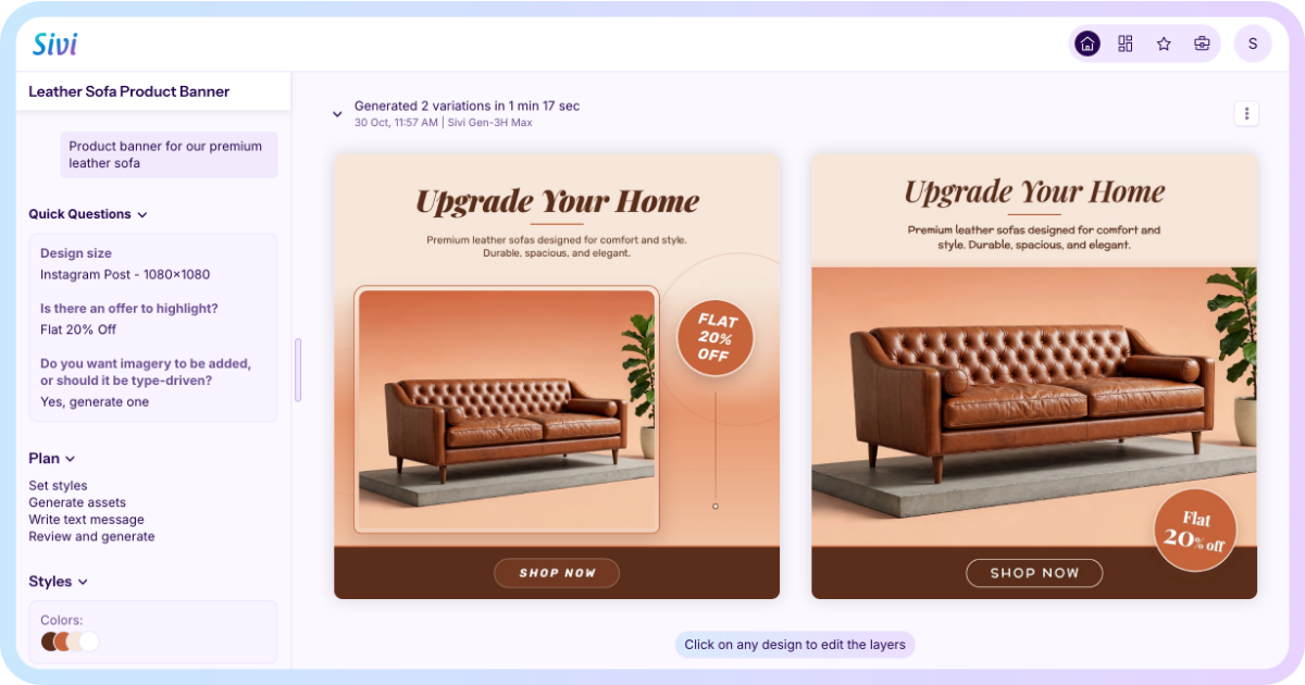 Sivi AI product banner generator: a product prompt and two generated leather sofa banners