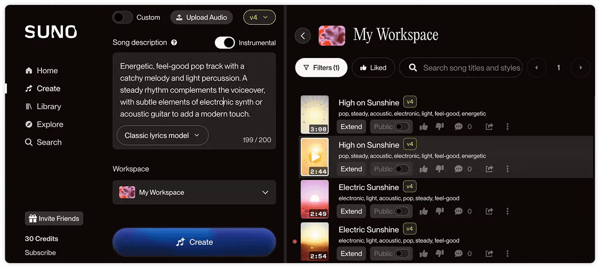Generating music in Suno