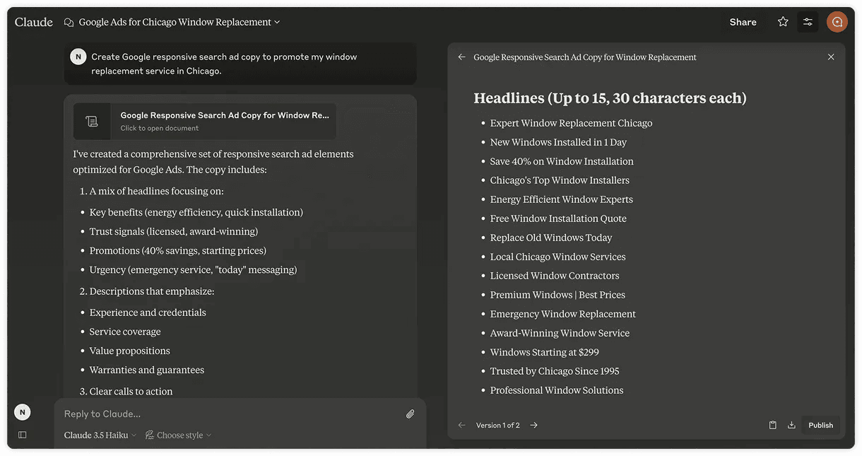 Ad copy generation with Claude