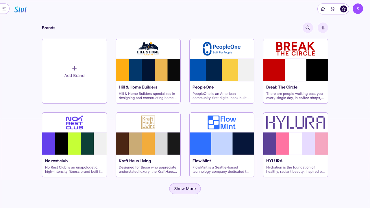 Sivi brands listing - each client workspace as a brand card, including Hylura