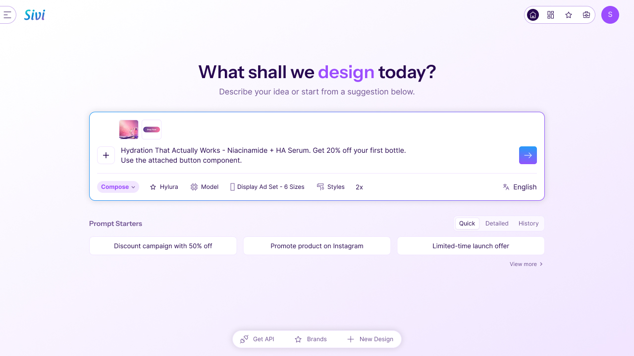 Sivi home - a serum-launch campaign brief typed into the prompt box