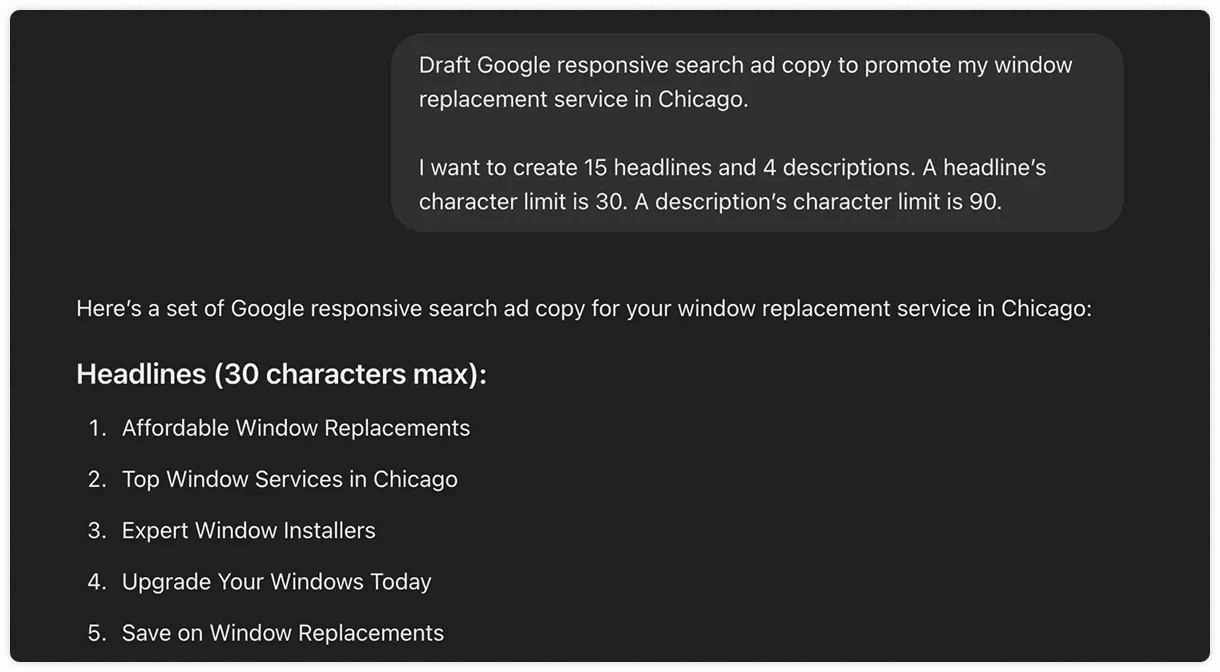 Basic prompt given to ChatGPT for ad copy