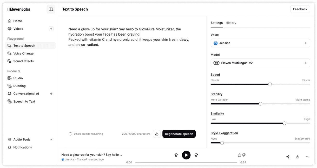 Text to speech generation in ElevenLabs
